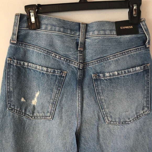 Express Dad Jeans Size 2 100% Cotton Rigid Denim Distressed Cropped High Waist - Picture 8 of 16
